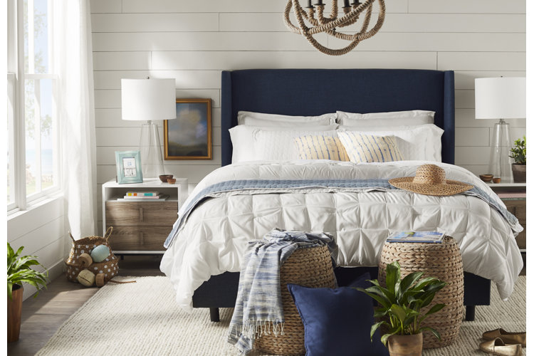 Coastal bedroom with driftwood gray and blue tones